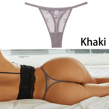S-XL Sexy G String Thong Mesh Perspective Women Panties Low Waist Female Underpants Solid Color T-back Underwear Thongs Women Khaki 1pc