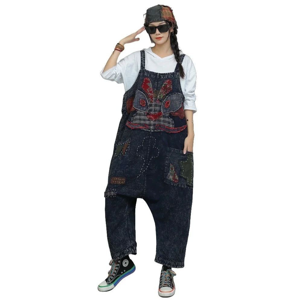 Heavy Embroidery Patch High Waist Overalls Women Autumn Fashion Stylish Loose Jumpsuit LX4372 Badiee Stylez