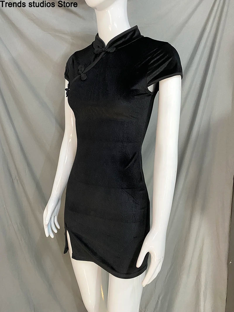 Women Dress Y2K Cheongsam Velvet Elegant Black Sexy Short Sleeve Button Casual Shopping Photo Chinese Dress Tight Fashion Summer Badiee Stylez