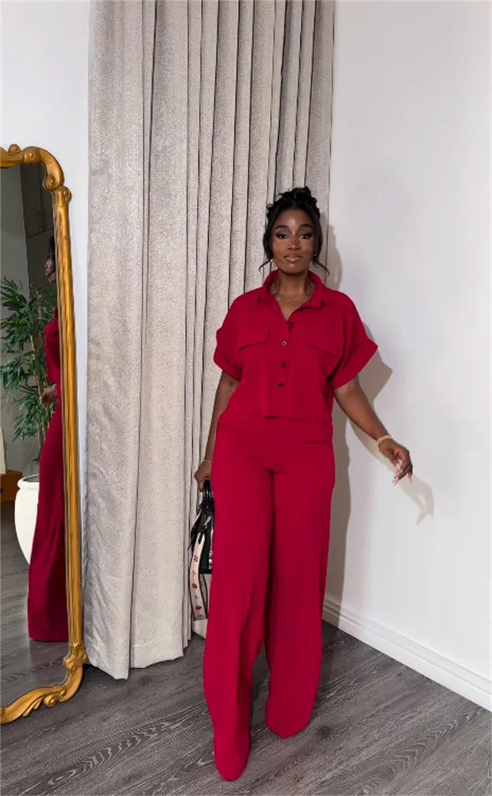 Women's Two-piece Set Spring Summer New Style Lapel Short-sleeved Shirt High Waist Wide Leg Trousers Casual Suit Women Clothing