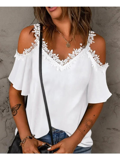 Women's Summer Solid Color Lace Short Sleeve Casual T-shirt Fashion V-neck Short Sleeve Off The Shoulder Sling T-shirt WHITE