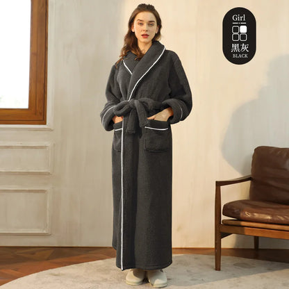 Men's Winter Bathrobe Long Sleeve Warm Turn Down Collar Man Fluffy Bath Robe With Sashes Solid Fleece Dressing Gown For Male Black gray female