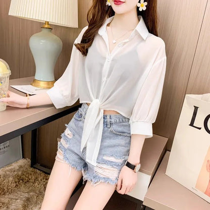 Xpqbb Summer Sun Protection Shirts Ladies Solid Color Tied Waist Half Sleeve Button Blouse Women Casual Loose Chiffon Shirt