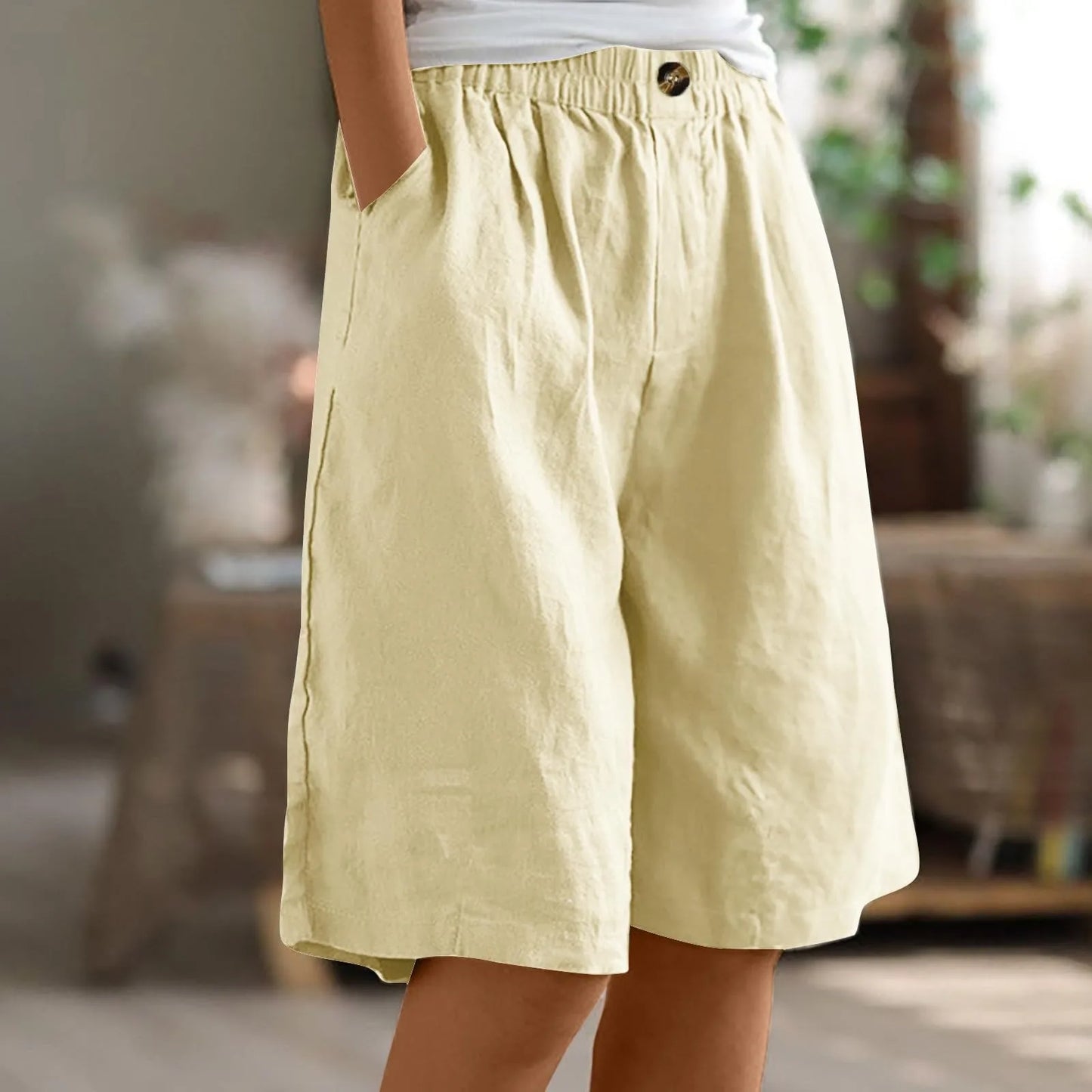 Female Fashion Solid Color Elastic High Waist Pocket Button Up Loose Cotton Linen Five Length Shorts Summer Soft Comfort Pants Khaki