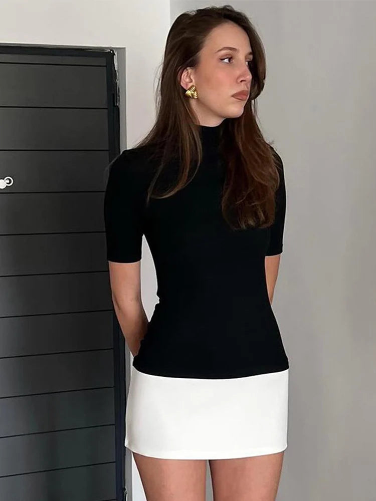 Summer 2025 Turtleneck Half Sleeve Mini Dresses French Style Fashion Elegant Black And White Patchwork Bodycon Dress black
