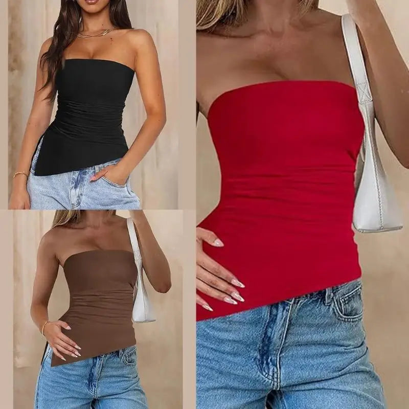 920L Strapless Ruched Asymmetrical Tube Top for Women Off Shoulder Bandeau Shirt Solid Color Side Split Fit Top