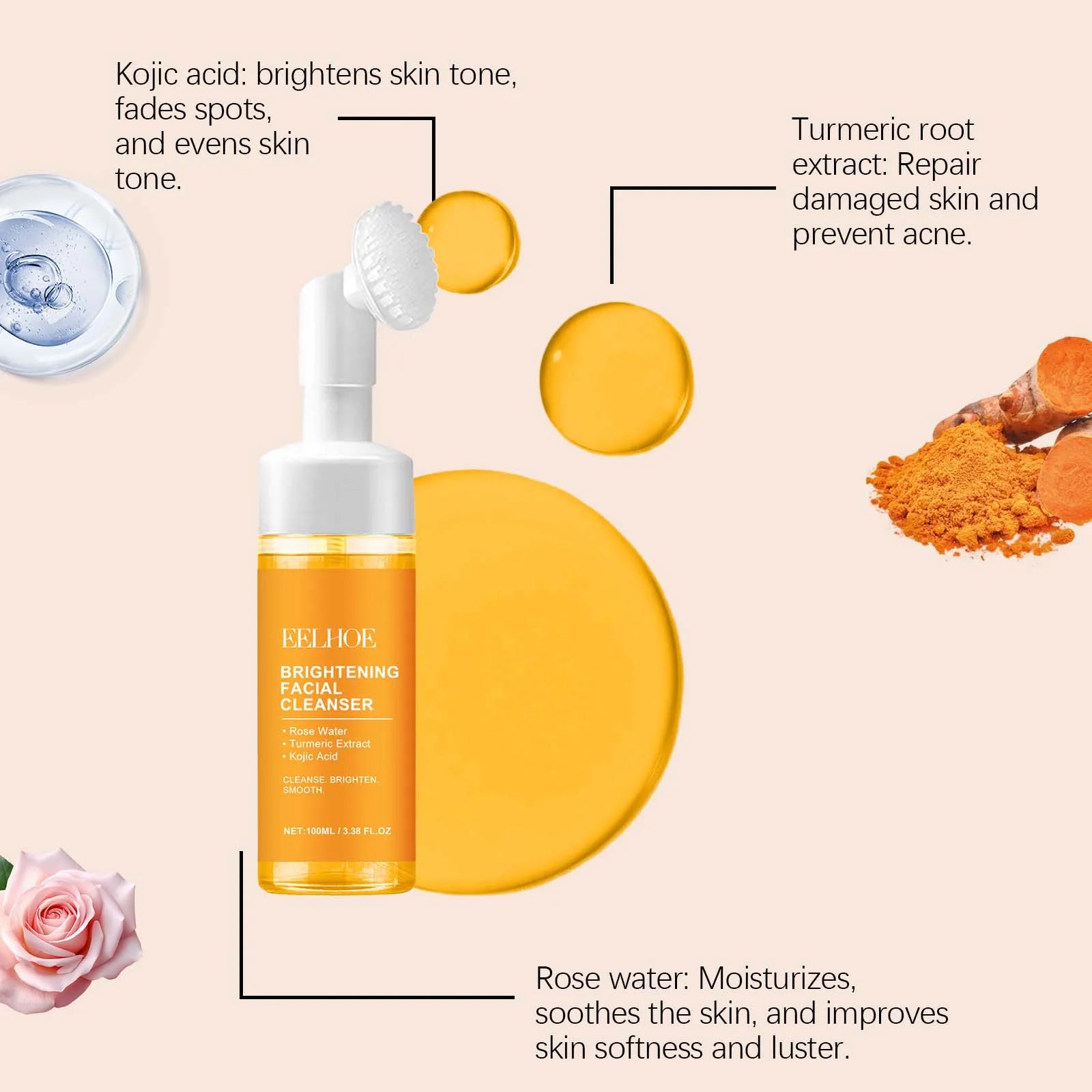 Turmeric Cleansing Milk Foam Facial Cleanser Cleanses Dirt And Grease Brightens Skin Hydrating And Moisturizes Face Care Product