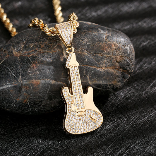 ‌Brass Guitar Pendant Necklace 14K Gold Plated with Zircon Stones Y2K Minimalist Musical Jewelry Hot Trendy Accessory