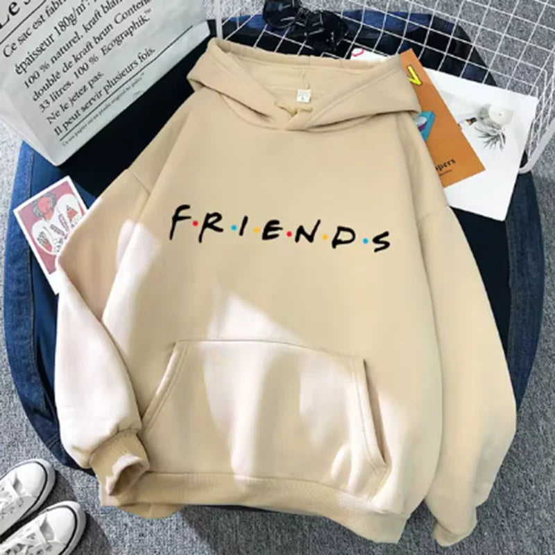Women Friends Print Hoodie Long Sleeve Pullover Fashion Clothing Casual Solid Color Female Spring Autumn Fashion Streetwear Beige