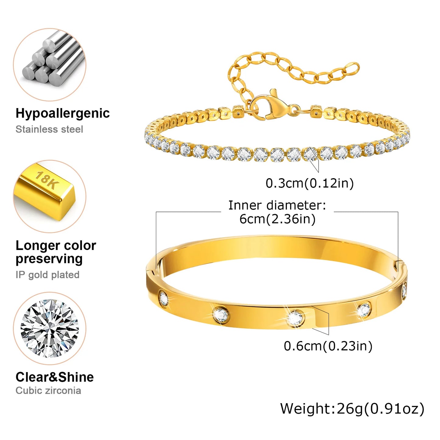 Vnox Love Tennis Chain Bracelets Round Zircon Stone Bangles Set, PVD Stainless Steel Women Jewelry Set Gift for Mom Mothers Day Badiee Stylez