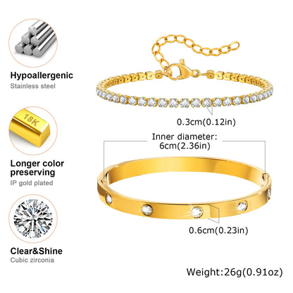 Vnox Love Tennis Chain Bracelets Round Zircon Stone Bangles Set, PVD Stainless Steel Women Jewelry Set Gift for Mom Mothers Day Badiee Stylez