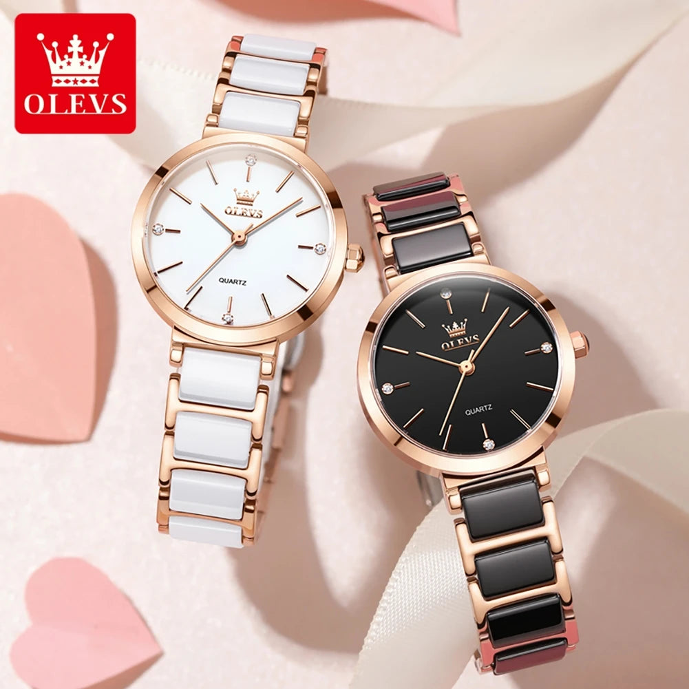 OLEVS 5877 Japan Quartz Movement Woman Watch Simple Elegant Luxury Rose Gold Ceramics Strap Waterproof Ladies Dress Wristwatch
