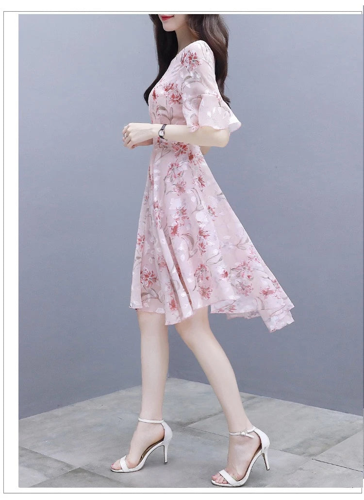 Ele Summer Women's Midi Dr ang Hai Sle Sweet Princ round Ne ort Sve A-Line Skirt Printed Chiffon Dr