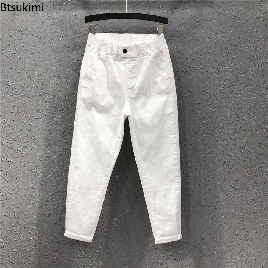 New Spring Summer Women Casual Harem Pants All-matched Casual Cotton Denim Pants Elastic Waist Solid Yellow White Jeans Female
