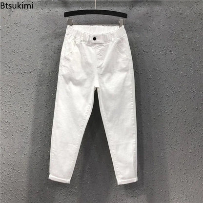 New Spring Summer Women Casual Harem Pants All-matched Casual Cotton Denim Pants Elastic Waist Solid Yellow White Jeans Female
