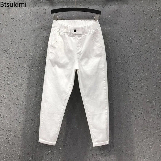 New Spring Summer Women Casual Harem Pants All-matched Casual Cotton Denim Pants Elastic Waist Solid Yellow White Jeans Female