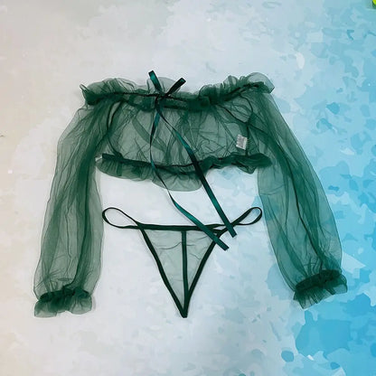 Sexy Lingerie Woman Erotic Pajamas Lace Lingerie Sex Clothes Babydoll Erotic Transparent Porn Blue Sexy Tops Thong Set Lingerie 53-green