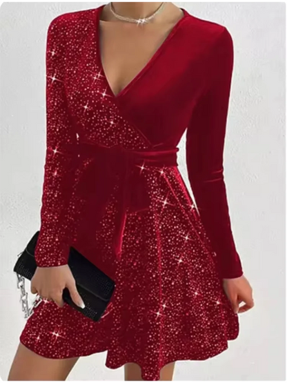 Women's V-neck Sexy Long Sleeved Sequined Solid Color Dress High Street Fashion Elegant Party Evening Dresses Badiee Stylez