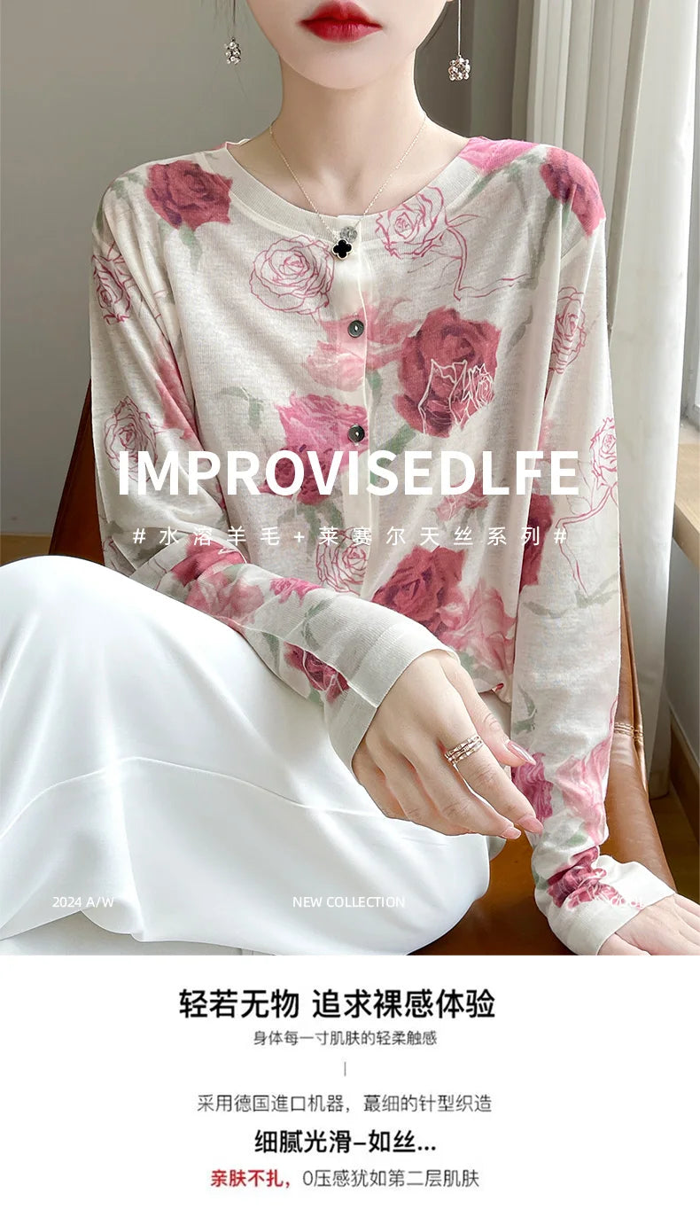 Spring And Summer New Lyocell Water-Soluble Wool Blended Round Neck Knit Cardigan Long Sleeve Feminine Sweater Printed Top