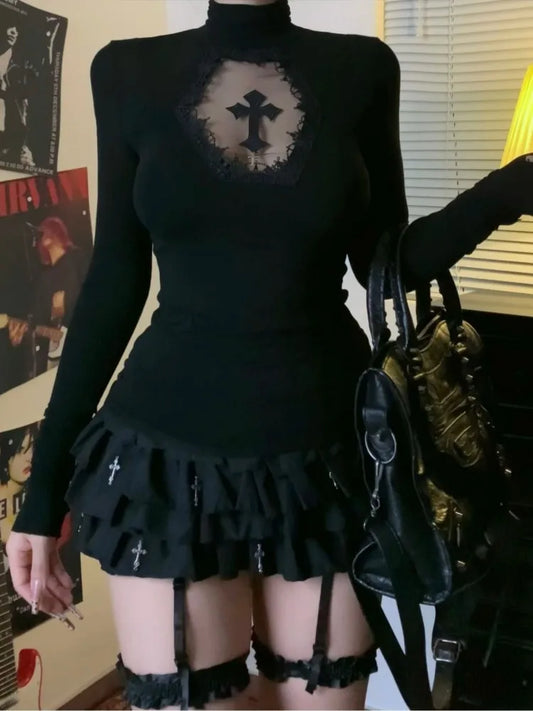 Turtleneck Top Y2k Clothes Black Gothic Cross Hollow Slimming Bottom T Shirt for Women Long Sleeve Sexy T-shirt Girls Tops Badiee Stylez