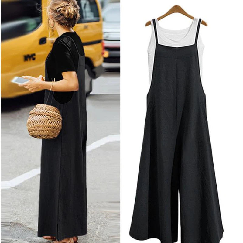 Women Straps Jumpsuit Summer Solid Color Wide Leg Pants Dungaree Bib Overalls Casual Loose Sleeveless Cotton Linen Jumpsuits 5Xl Badiee Stylez