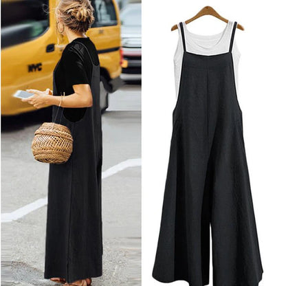 Women Straps Jumpsuit Summer Solid Color Wide Leg Pants Dungaree Bib Overalls Casual Loose Sleeveless Cotton Linen Jumpsuits 5Xl Badiee Stylez