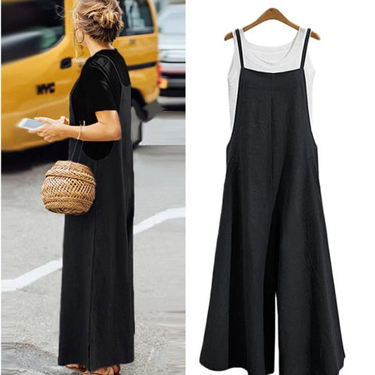 Women Straps Jumpsuit Summer Solid Color Wide Leg Pants Dungaree Bib Overalls Casual Loose Sleeveless Cotton Linen Jumpsuits 5Xl Badiee Stylez