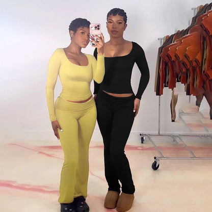 Fashion Soild Women's Set Long Sleeve Yellow U Neck Shirt and Flared Pants 2024 Elegant Tracksuits Two 2 Piece Set Outfits