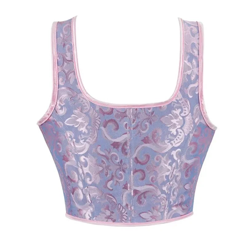 Blue Jacquard Corset Sexy Shoulder Straps Overbust Bustiers Crop Top Lace Up Brocade Vest Lingerie Gothic For Women Outfit