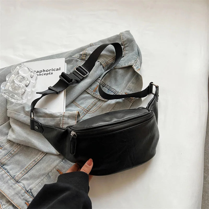 Luxury Brand Female Belt Bag Solid color Leather Fanny pack Purse Fashion Ladies Waist Bag Designer Shoulder Crossbody Chest Bag Black