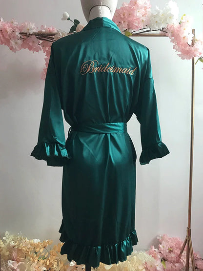 Personalized Embroidered Robe Ruffle Bridesmaids Silk Robes Bride Wedding Day Embroider Kimono Customizable Elements Kimono Robe Bridesmaid