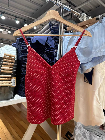 Floral Print Bow V Neck Camis Women Chic Lace Trim Sleeveless Slim Crop Tops Vest Sweet Casual Fashion Raw Hem Tank Top Y2k New Dot red One Size