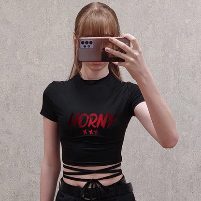 HORNY Sexy TShirt Women Black Short Crop Bandage Tee Tops Summer Fashion Girls Casual Short Sleeve Female Shirt Harajuku