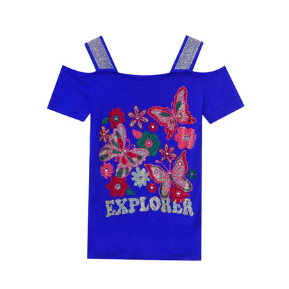 New Arrival Summer European Clothes Women's T-Shirts Chic Luxury Butterfly Hot Diamonds Tees Sexy Girl Slim Streetwear Tops