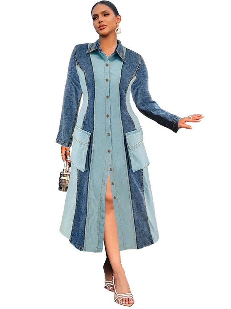 Wmstar Plus Size Denim Dresses Women Long Sleeve Casual Button Pockets Striped Maxi Dress Fall Clothes Wholesale Dropshipping