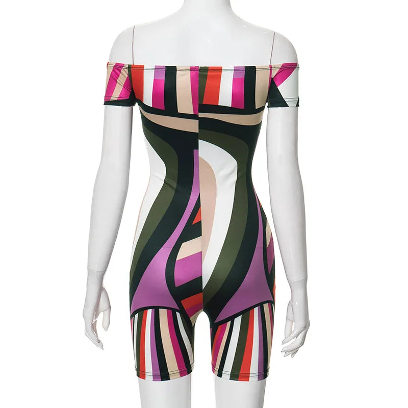 ANJAMANOR Multicolor Printed Off Shoulder Short Jumpsuits for Women 2024 Sexy Club Outfit Ladies Rompers Summer Clothes D85-BZ14