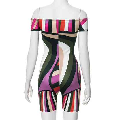 ANJAMANOR Multicolor Printed Off Shoulder Short Jumpsuits for Women 2024 Sexy Club Outfit Ladies Rompers Summer Clothes D85-BZ14