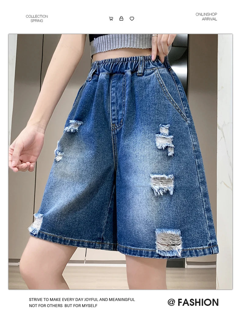 Plus Size Denim Shorts For Women 2024 Summer Wide Leg Loose Blue Jeans Shorts High Elastic Waist Half Length Casual Denim Shorts