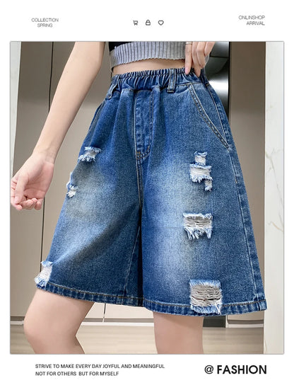 Plus Size Denim Shorts For Women 2024 Summer Wide Leg Loose Blue Jeans Shorts High Elastic Waist Half Length Casual Denim Shorts