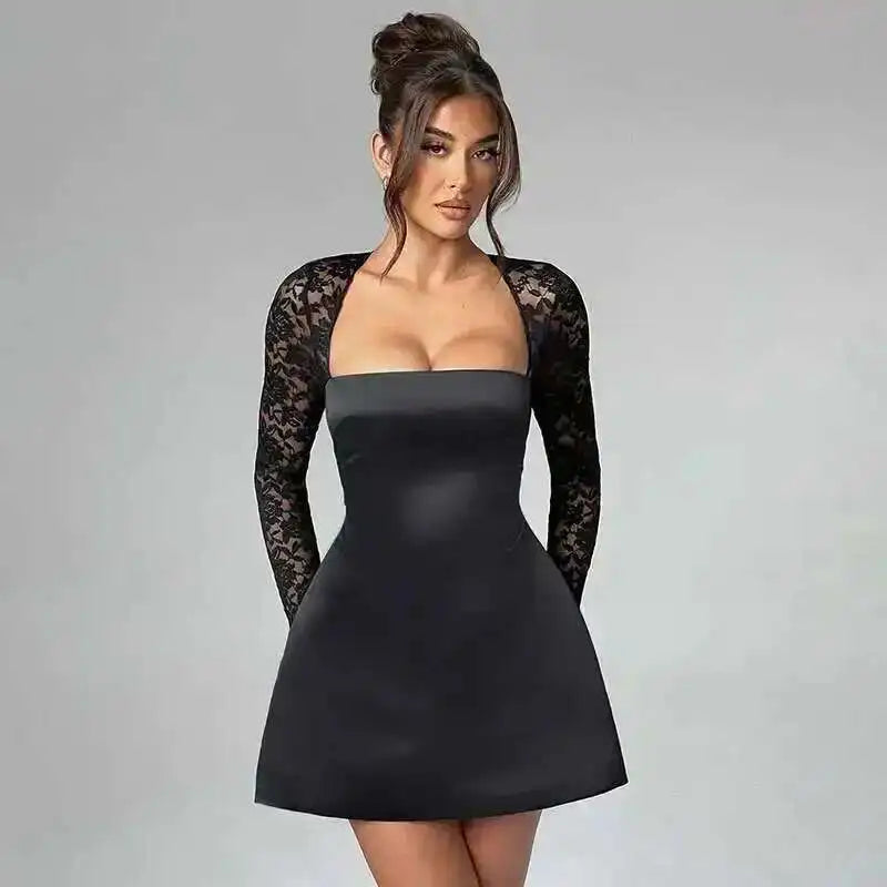 Townlike Lace Patchwork Waist Wrap A-line Dress Women Mini 2024 Autumn Winter Dress Backless Nightclub Sexy Party Dresses