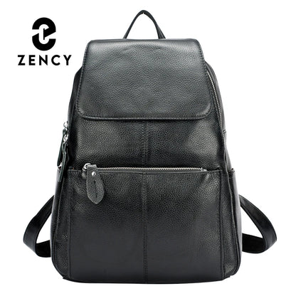 Zency Genuine Leather Women Backpack High Quality Large Capacity Travel Bag Knapsack Schoolbag Shoulder For Ladies Beige Black
