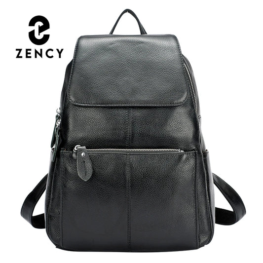 Zency Genuine Leather Women Backpack High Quality Large Capacity Travel Bag Knapsack Schoolbag Shoulder For Ladies Beige Black