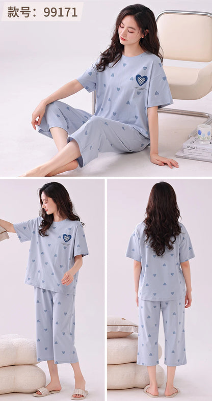 Newest Summer Casual Pajamas Set Women 100% Cotton Sleepwear Female Short Top+Calf-Length Pant Pyjamas