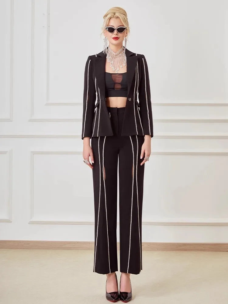 Designer Women Diamonds Hollow Out High Waist Slim Fit Blazers Top Straight Pants Two Piece Set Party Office Ladies Suits Set Badiee Stylez