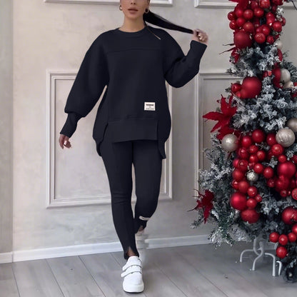 Women Two Piece Set Irregular Sweatshirt Long Sleeved Pullover Top Trouser Pants Set Autumn Winter Lady Solid Loose Outfits M L black