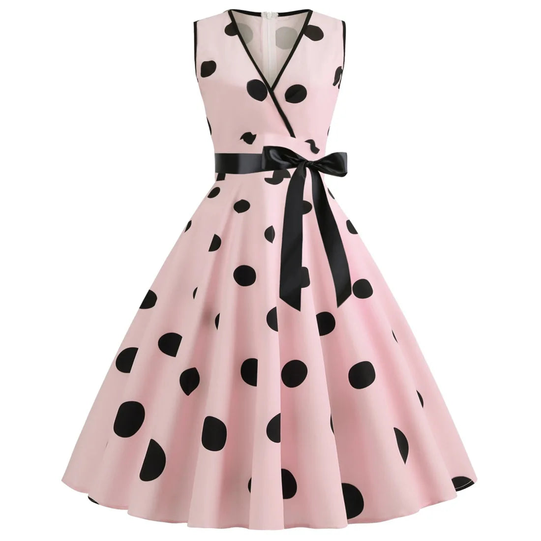 Summer V-neck sleeveless polka dot lace-up waist tucked vintage swing dress