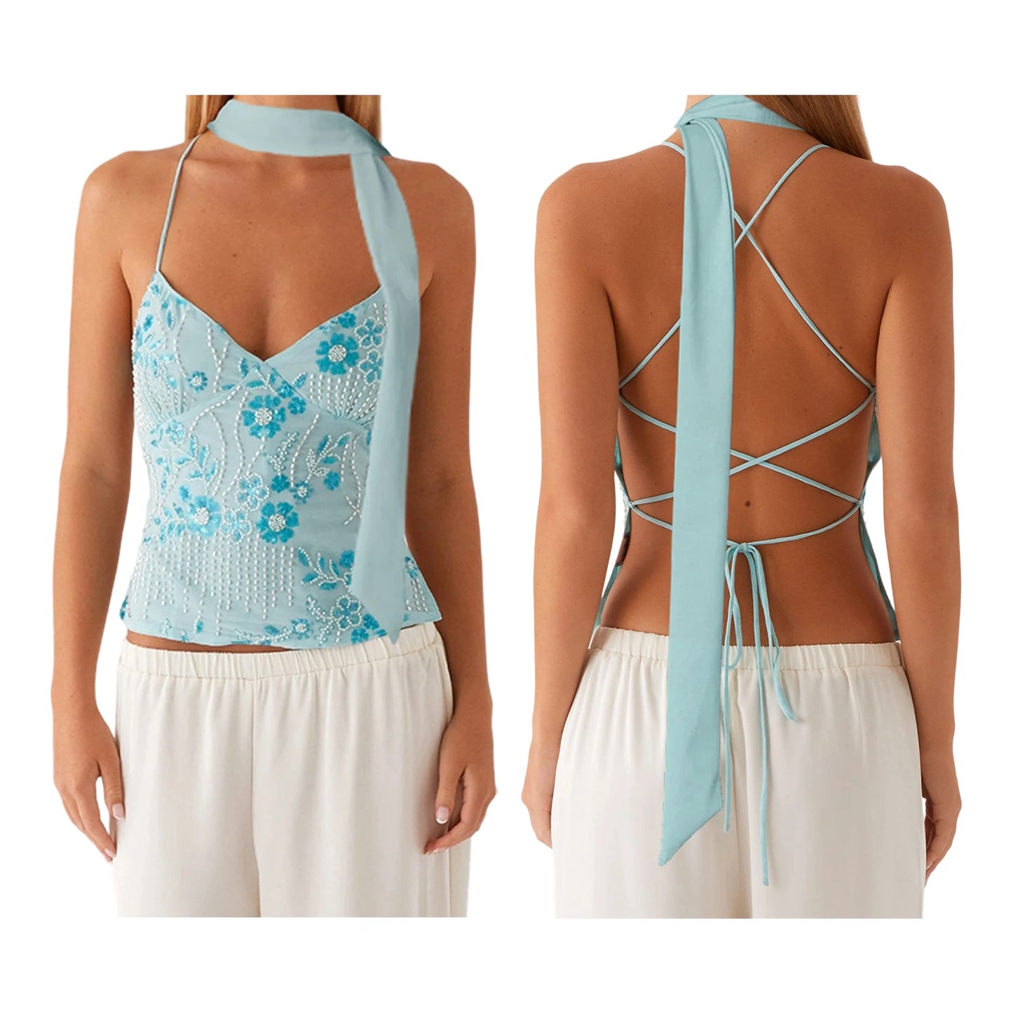 Combhasaki Women Summer Sleeveless Beading Camis Top V-neck Tie-up Cross Backless Pearl Glitter Sequin Flower Embroideried Vest Blue with Scarf