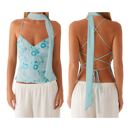 Combhasaki Women Summer Sleeveless Beading Camis Top V-neck Tie-up Cross Backless Pearl Glitter Sequin Flower Embroideried Vest Blue with Scarf