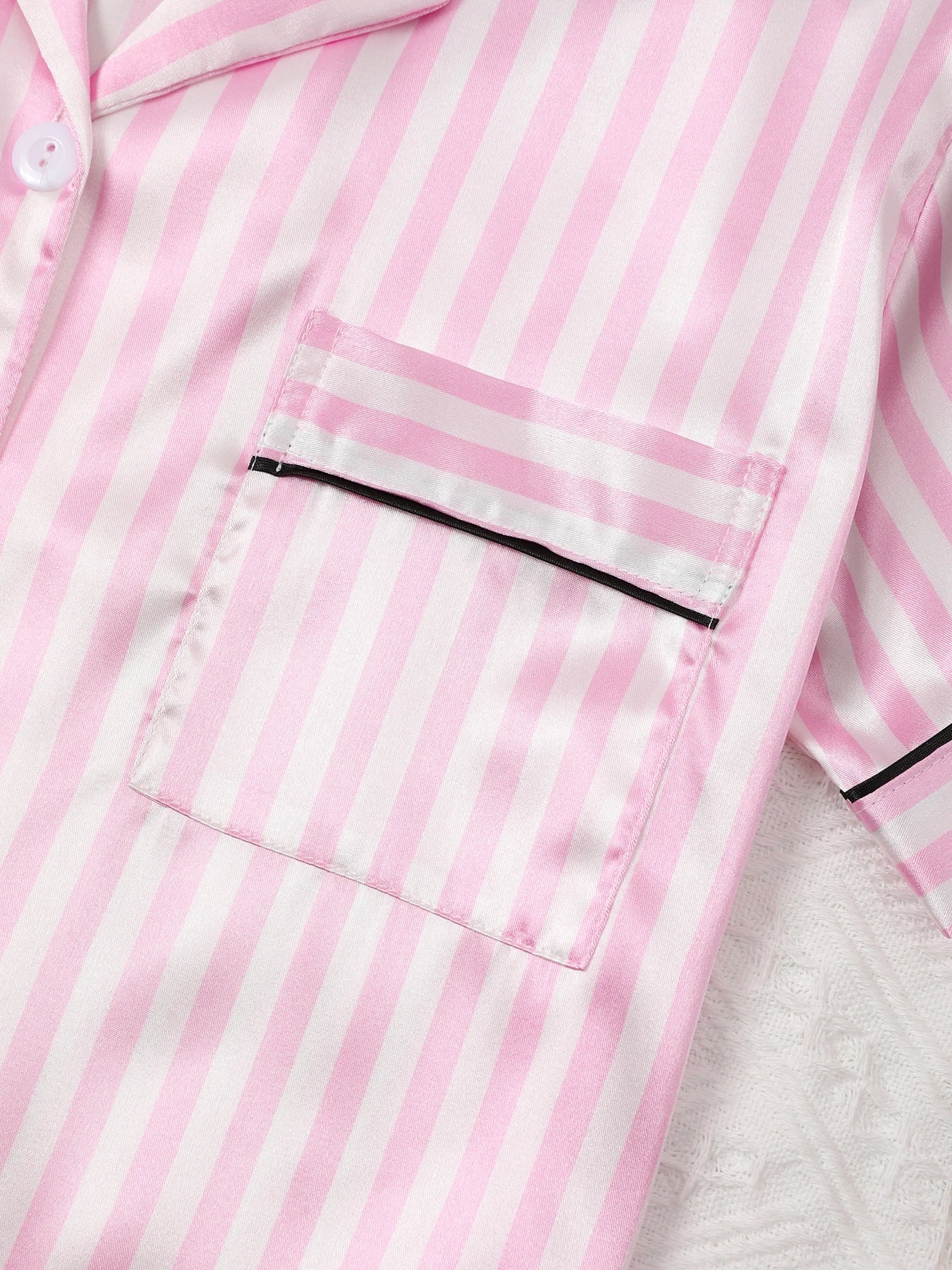 Satin Silk Women Pajamas Set Short-Sleeved Student Homewear Two-Piece Cardigan Lapel Senior Sense of Pink Striped Large Size