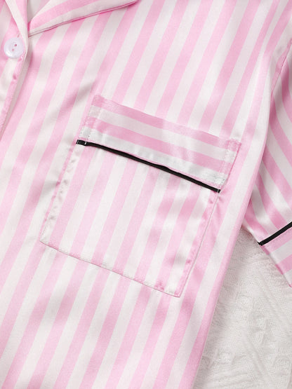 Satin Silk Women Pajamas Set Short-Sleeved Student Homewear Two-Piece Cardigan Lapel Senior Sense of Pink Striped Large Size